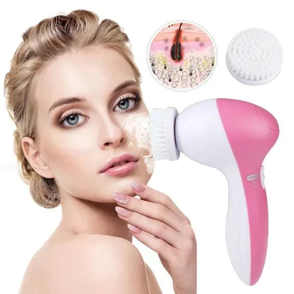Waterproof Facial Cleansing Brush in white and pink plastic, with a rotating bristle head and interchangeable brush attachments
