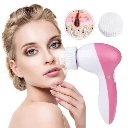 Waterproof Facial Cleansing Brush in white and pink plastic, with a rotating bristle head and interchangeable brush attachments
