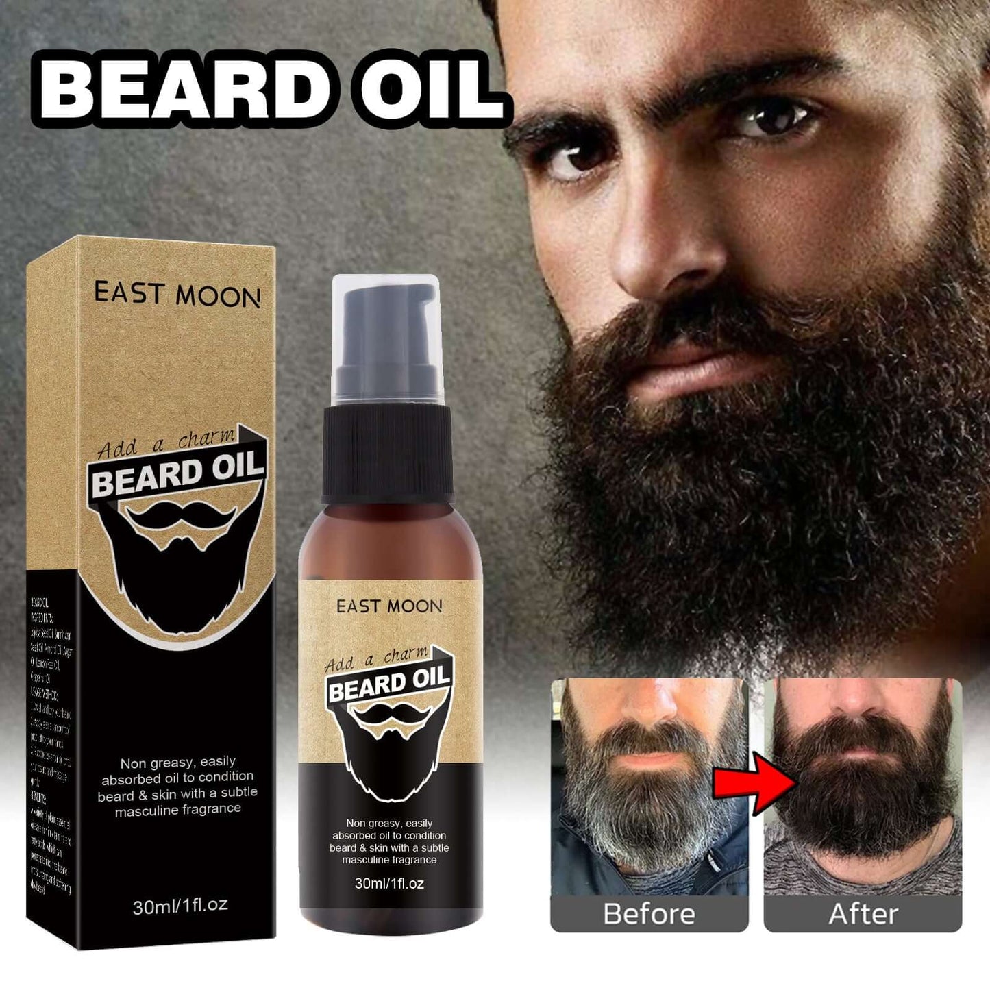 East Moon Beard Care Oil for Men | Moisturizing Beard & Sideburn Oil with Jojoba, Sunflower & Almond | Thickening & Styling Beard Oil
