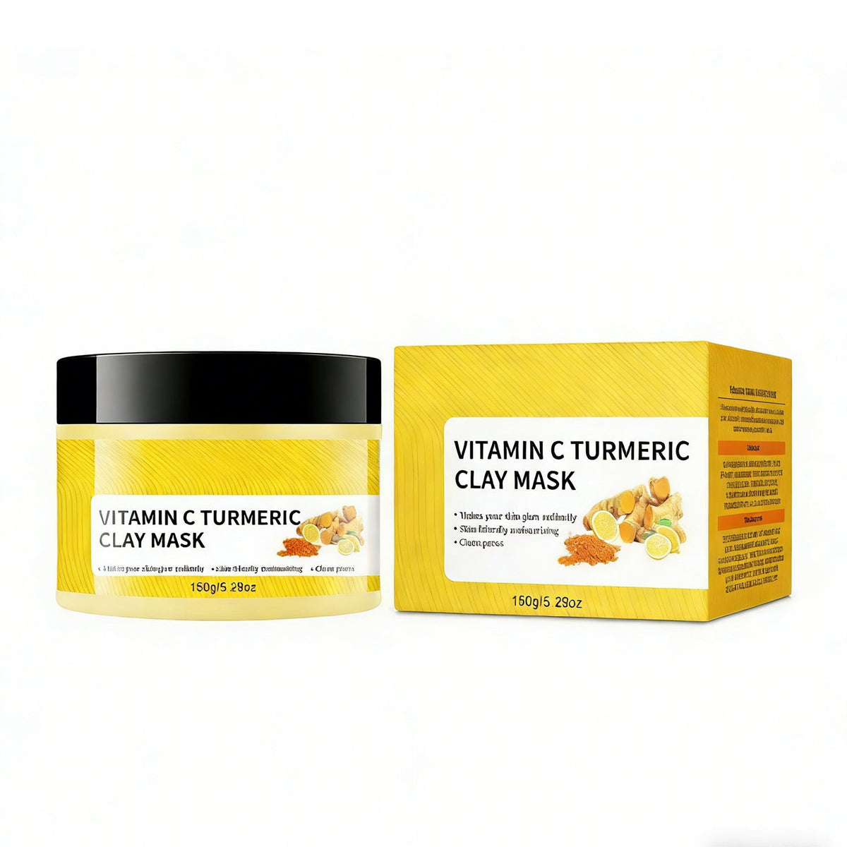 Turmeric Vitamin C Clay Mask in a yellow jar with a black lid and matching yellow carton, featuring turmeric and citrus graphics.