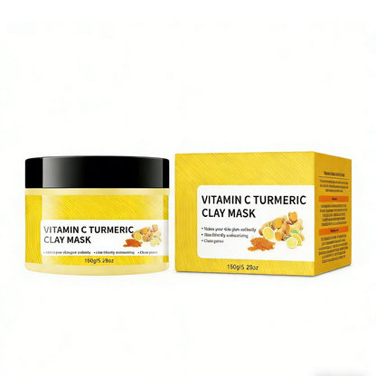 Turmeric Vitamin C Clay Mask in a yellow jar with a black lid and matching yellow carton, featuring turmeric and citrus graphics.
