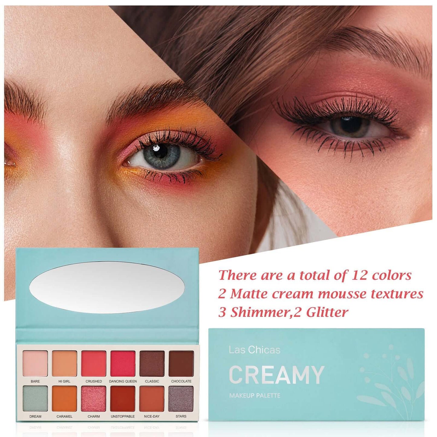 Las Chicas 12-Color High Pigment Eyeshadow Palette | Silky Cream Formula, Cruelty-Free Makeup