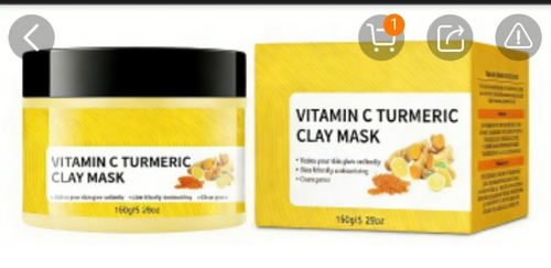 Turmeric Vitamin C Clay Mask in a yellow tub and carton, with a black lid and turmeric root illustrations on the label.